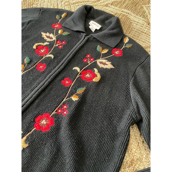 VTG> Crystal -Kobe Zipper front Cardigan Sweater floral Embroidery SZ L - Picture 2 of 8